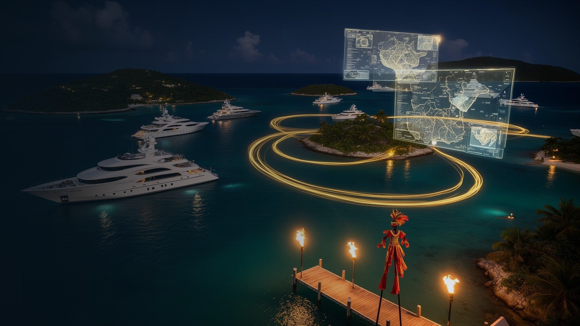 Night harbor with holographic island data and a moko jumbie on the dock